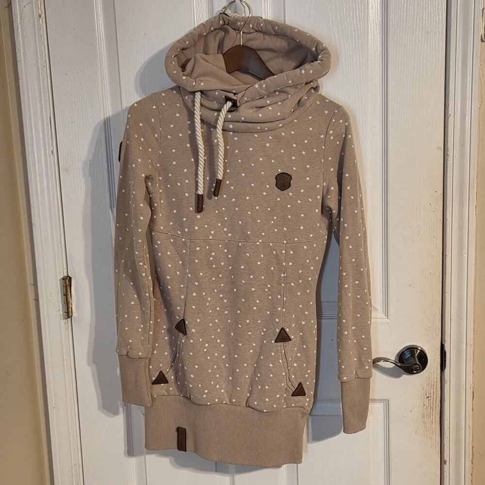 NAKETANO Hoodie Women's Small Pink Print Pattern Pocket Hooded Logo Pullover